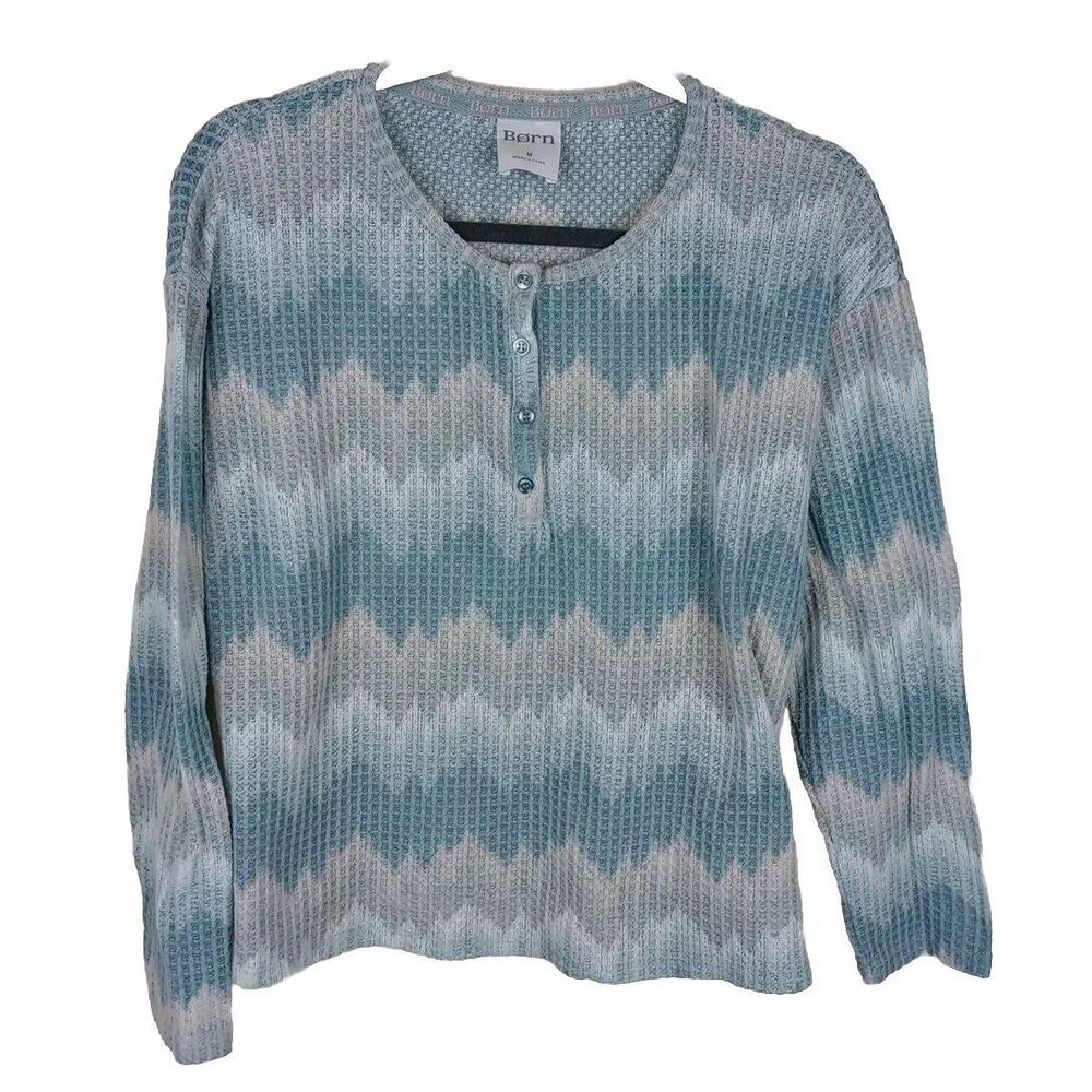 Born Chevron Shirt Women's Size Medium Long Sleeve Henley Waffle Top Green Pink